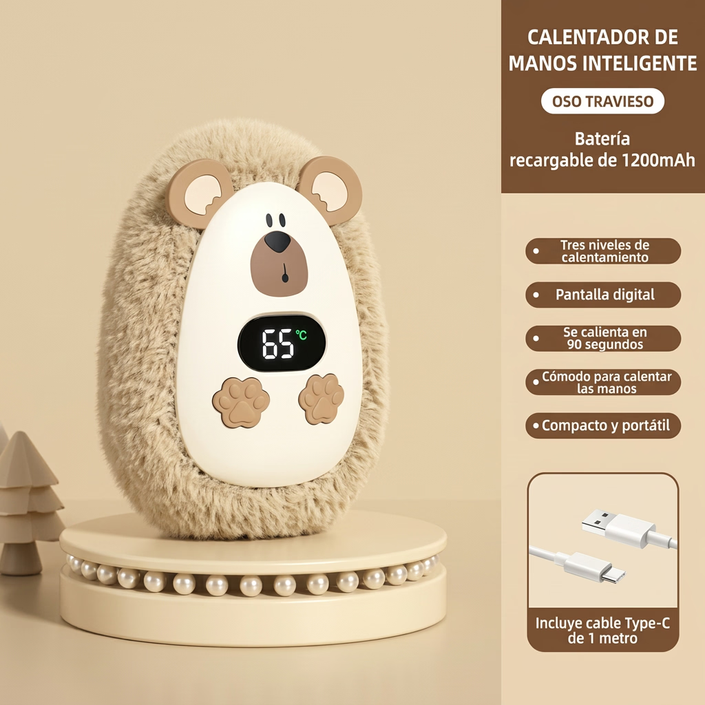 Calentador de manos de peluche con pantalla
